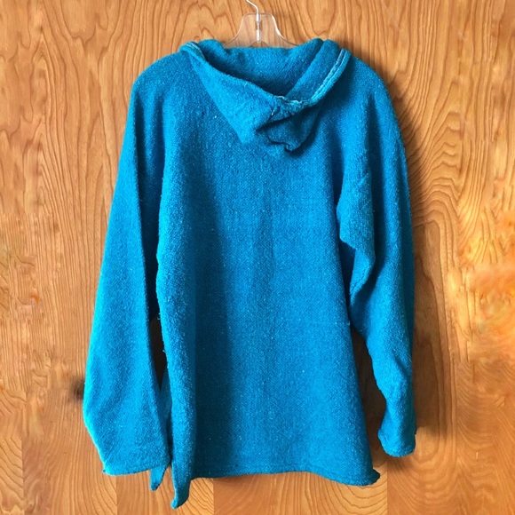 Baja style poncho hoodie with pouch pocket, turquoise, XL - Picture 7 of 9